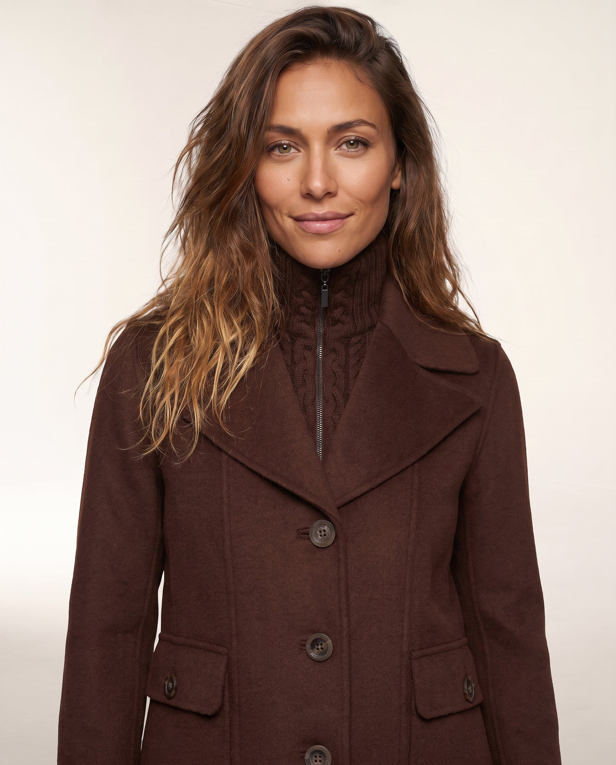 Cable Knit Insert Notch Collar Coat in Chocolate, close-up of the collar and front detail — Kinross 70% wool / 30% cashmere at Island Cashmere