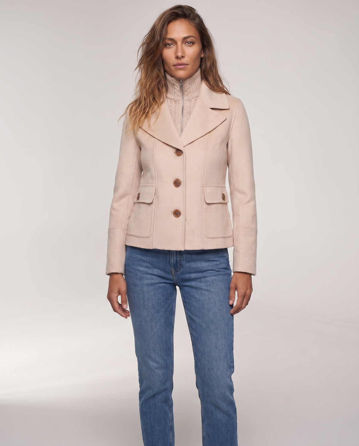 Cable Knit Insert Notch Collar Coat in Sandstone, front view — Kinross 70% wool / 30% cashmere at Island Cashmere