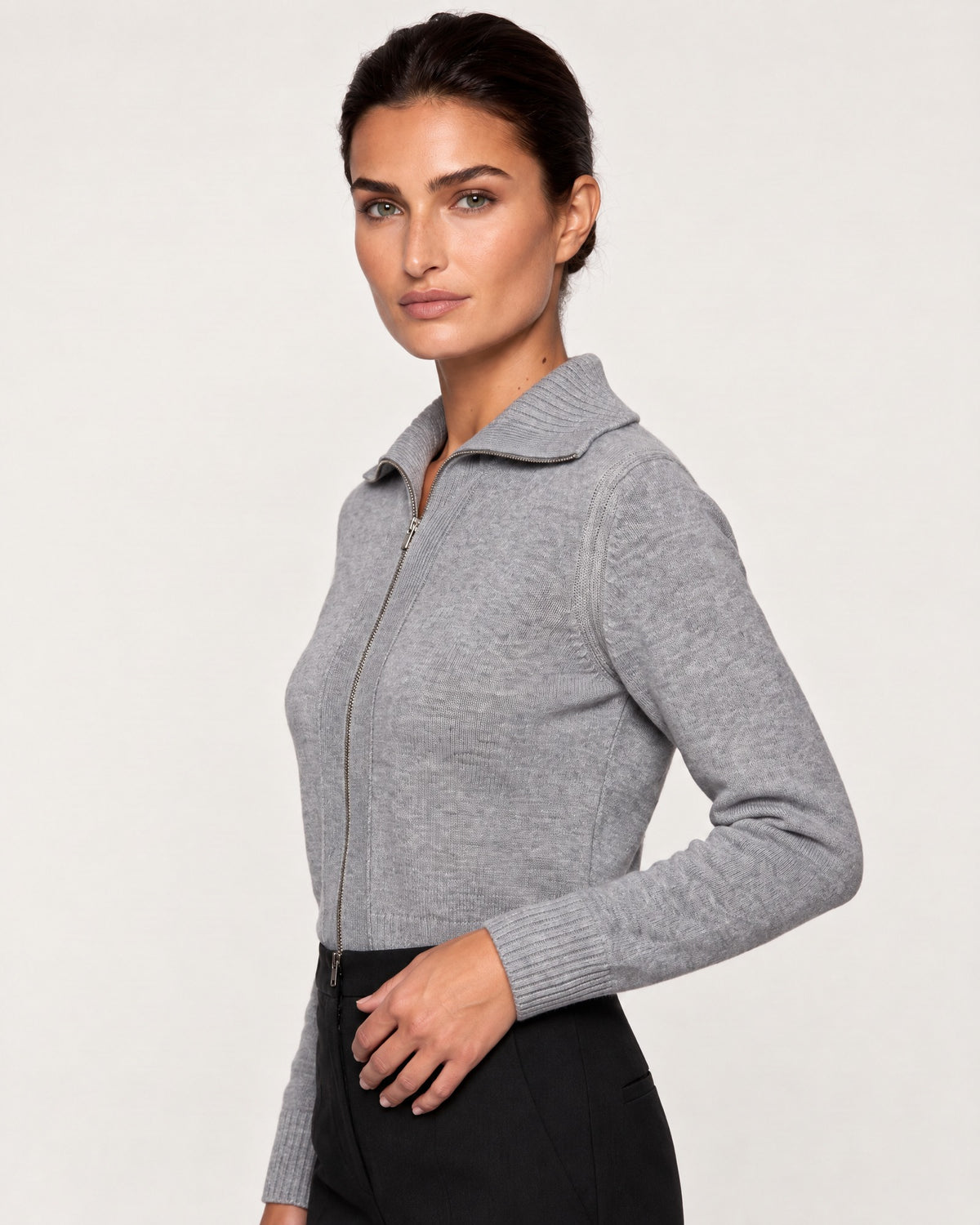 Plaited Zip Cardigan in Granite / Agate, three-quarter view — Kinross 100% cashmere at Island Cashmere