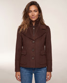 Cable Knit Insert Notch Collar Coat in Chocolate, front view — Kinross 70% wool / 30% cashmere at Island Cashmere