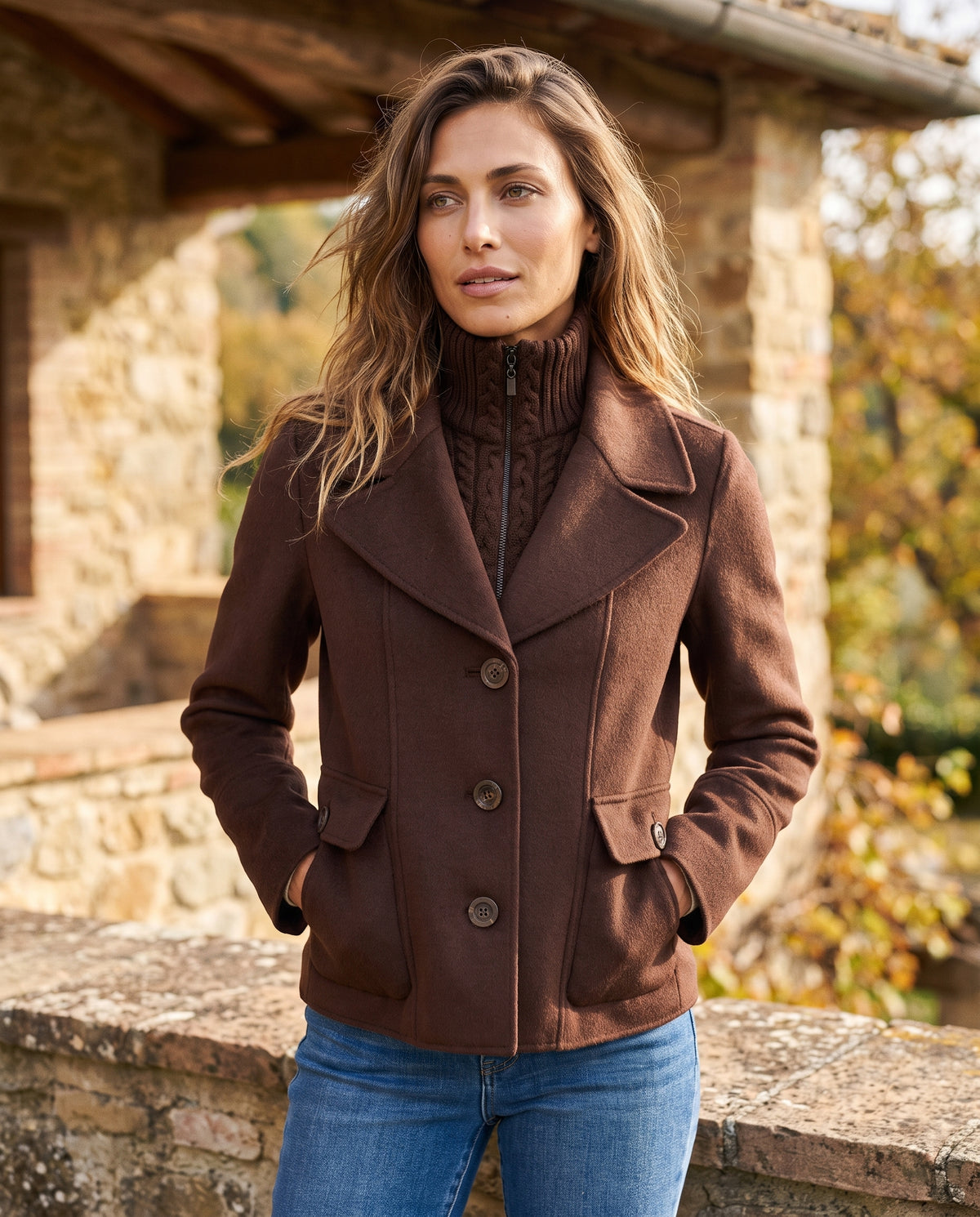 Cable Knit Insert Notch Collar Coat in Chocolate, worn outdoors — Kinross 70% wool / 30% cashmere at Island Cashmere