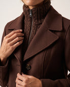Cable Knit Insert Notch Collar Coat in Chocolate, knit texture and collar detail — Kinross 70% wool / 30% cashmere at Island Cashmere