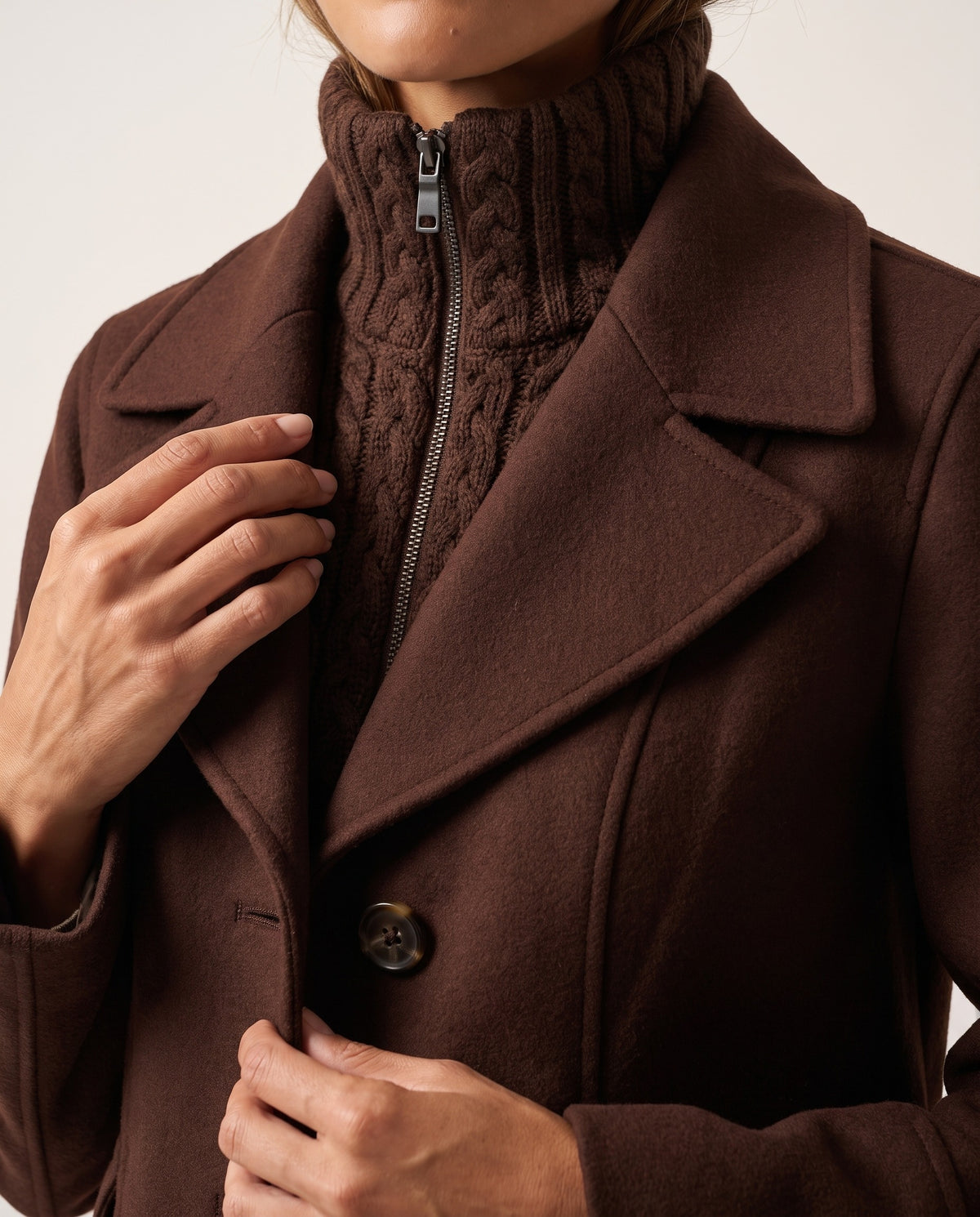 Cable Knit Insert Notch Collar Coat in Chocolate, knit texture and collar detail — Kinross 70% wool / 30% cashmere at Island Cashmere