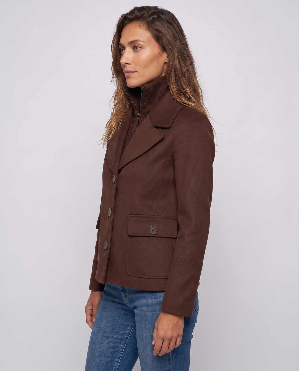 Cable Knit Insert Notch Collar Coat in Chocolate, side view — Kinross 70% wool / 30% cashmere at Island Cashmere
