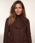 Cable Knit Insert Notch Collar Coat in Chocolate, close-up of the collar and front detail — Kinross 70% wool / 30% cashmere at Island Cashmere