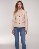 Cable Knit Insert Notch Collar Coat in Sandstone, front view — Kinross 70% wool / 30% cashmere at Island Cashmere