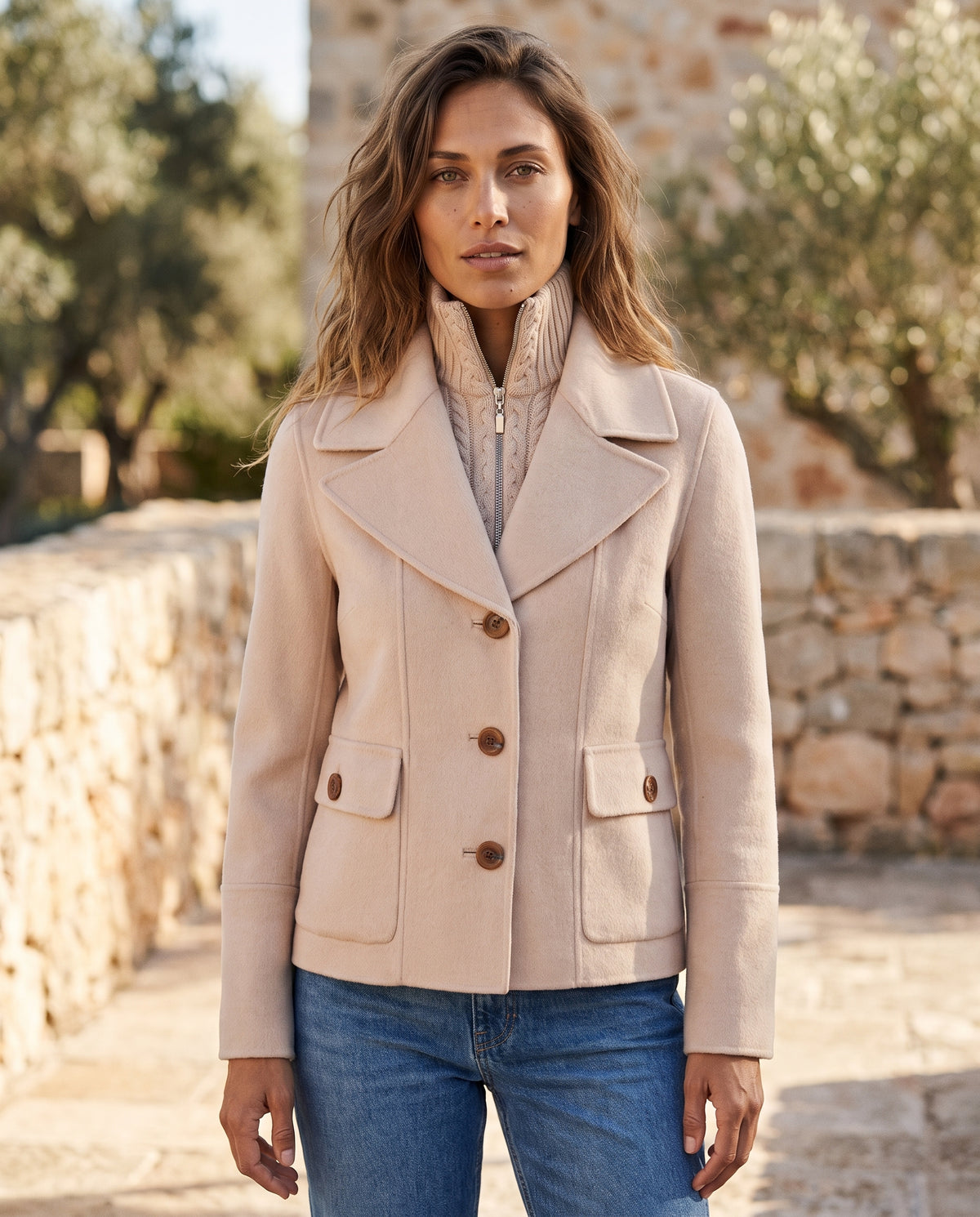 Cable Knit Insert Notch Collar Coat in Sandstone, worn outdoors — Kinross 70% wool / 30% cashmere at Island Cashmere