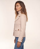 Cable Knit Insert Notch Collar Coat in Sandstone, side view — Kinross 70% wool / 30% cashmere at Island Cashmere