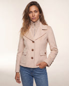 Cable Knit Insert Notch Collar Coat in Sandstone, close-up of the collar and front detail — Kinross 70% wool / 30% cashmere at Island Cashmere