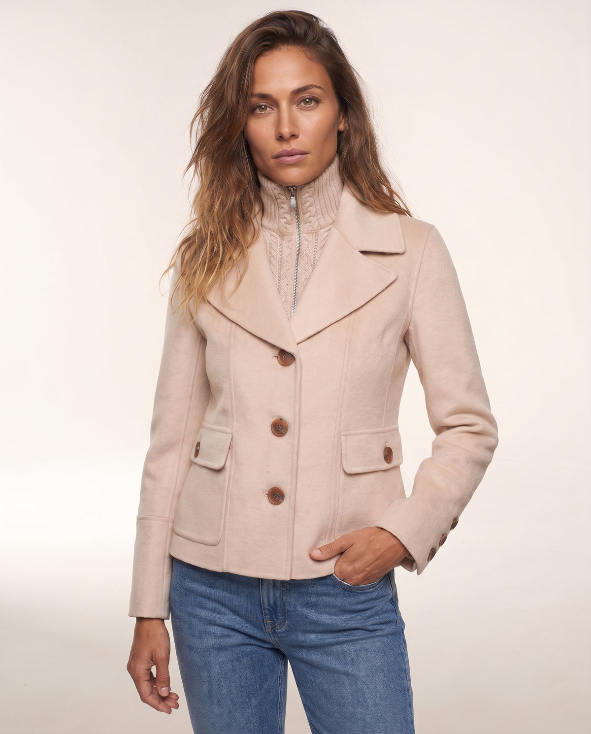 Cable Knit Insert Notch Collar Coat in Sandstone, close-up of the collar and front detail — Kinross 70% wool / 30% cashmere at Island Cashmere