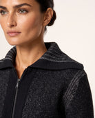 Plaited Zip Cardigan in Black / Granite, knit texture and collar detail — Kinross 100% cashmere at Island Cashmere