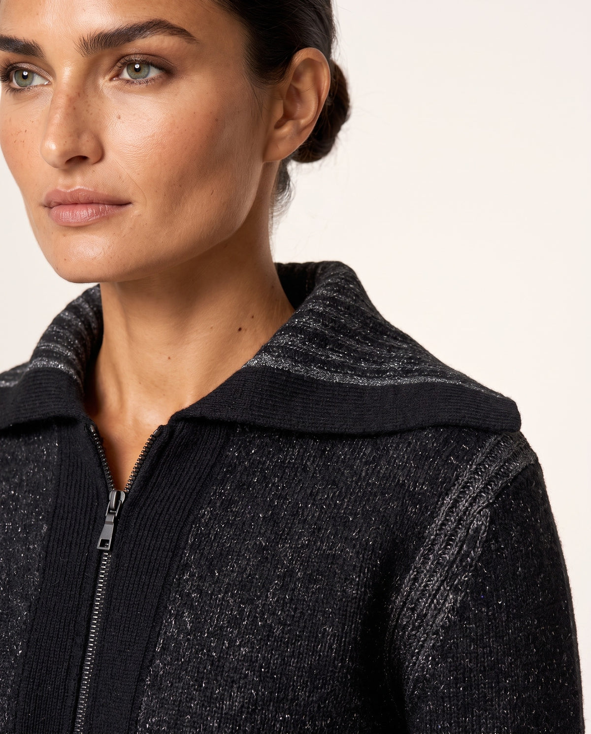 Plaited Zip Cardigan in Black / Granite, knit texture and collar detail — Kinross 100% cashmere at Island Cashmere