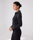 Plaited Zip Cardigan in Black / Granite, side view — Kinross 100% cashmere at Island Cashmere