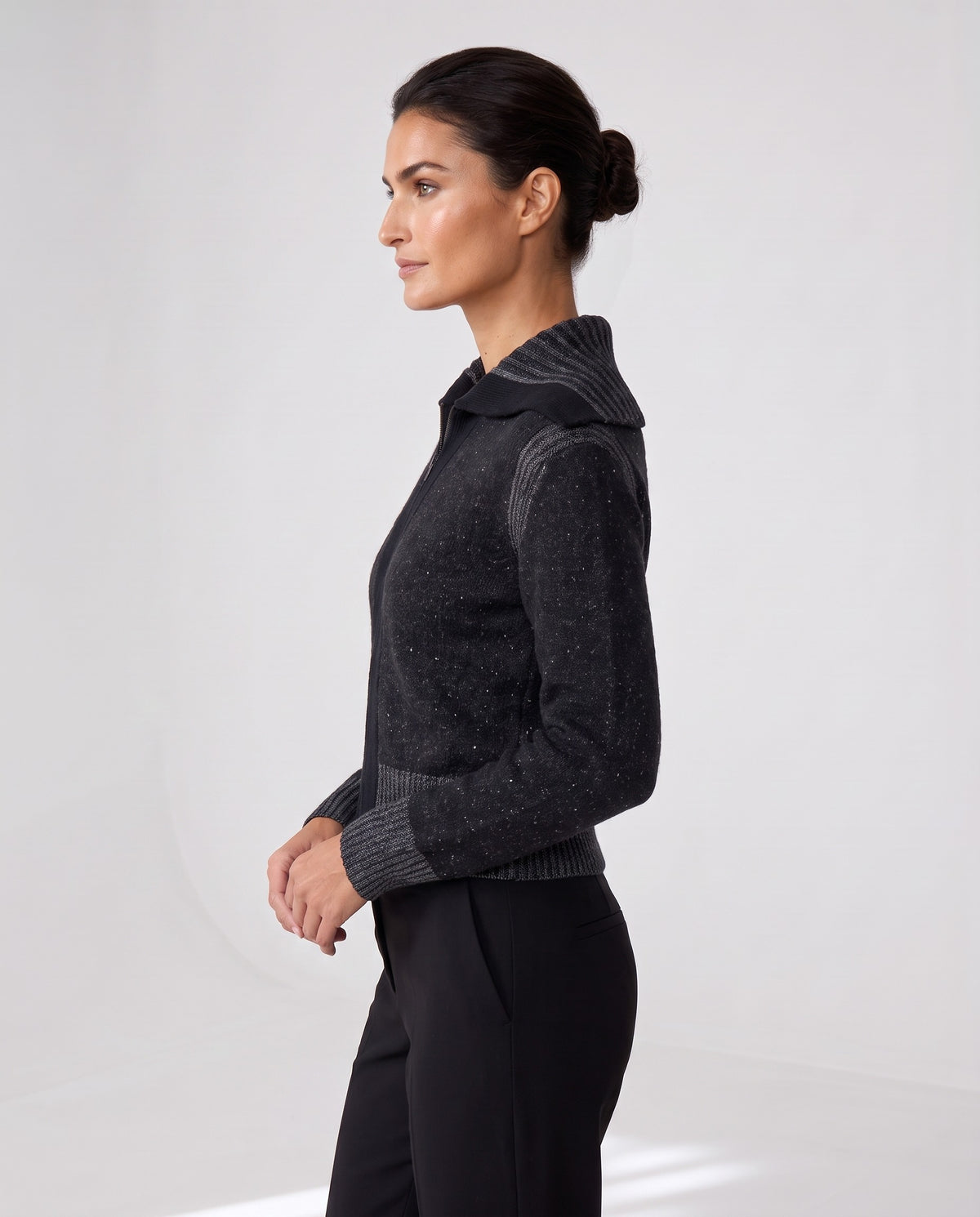 Plaited Zip Cardigan in Black / Granite, side view — Kinross 100% cashmere at Island Cashmere