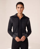 Plaited Zip Cardigan in Black / Granite, close-up of the collar and front detail — Kinross 100% cashmere at Island Cashmere