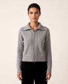 Plaited Zip Cardigan in Granite / Agate, knit texture and collar detail — Kinross 100% cashmere at Island Cashmere