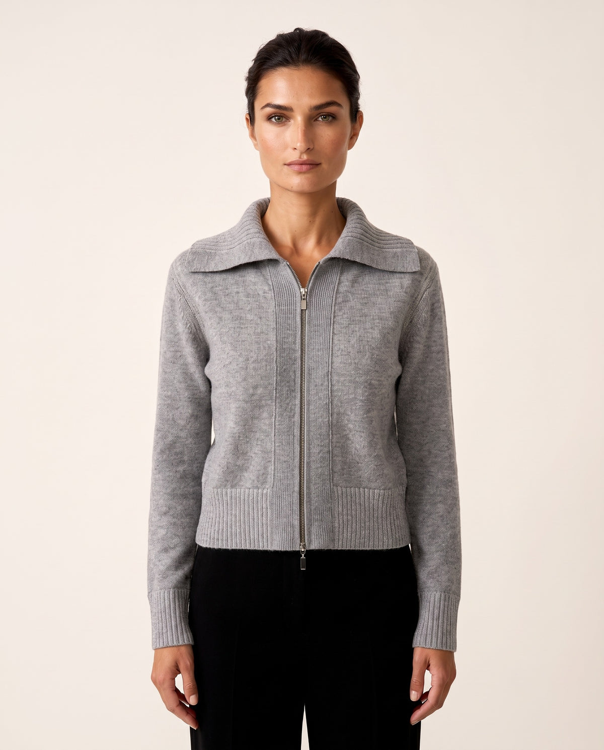 Plaited Zip Cardigan in Granite / Agate, knit texture and collar detail — Kinross 100% cashmere at Island Cashmere