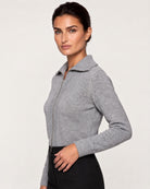 Plaited Zip Cardigan in Granite / Agate, three-quarter view — Kinross 100% cashmere at Island Cashmere