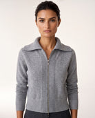 Plaited Zip Cardigan in Granite / Agate, close-up of the collar and front detail — Kinross 100% cashmere at Island Cashmere