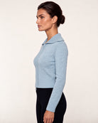 Plaited Zip Cardigan in Horizon / Ivory, side view — Kinross 100% cashmere at Island Cashmere