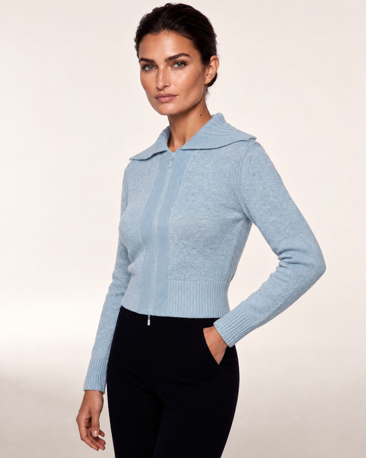 Plaited Zip Cardigan in Horizon / Ivory, three-quarter view — Kinross 100% cashmere at Island Cashmere