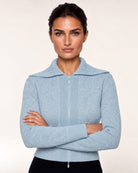 Plaited Zip Cardigan in Horizon / Ivory, close-up of the collar and front detail — Kinross 100% cashmere at Island Cashmere