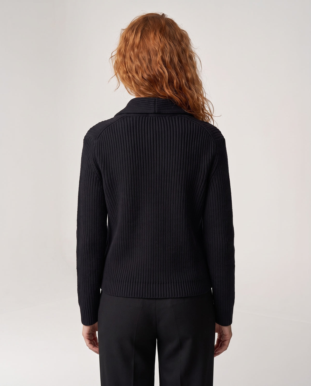 Rib Notch Collar Cardigan in Black, back view — Kinross 90% wool / 10% cashmere at Island Cashmere
