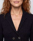 Rib Notch Collar Cardigan in Black, knit texture and collar detail — Kinross 90% wool / 10% cashmere at Island Cashmere