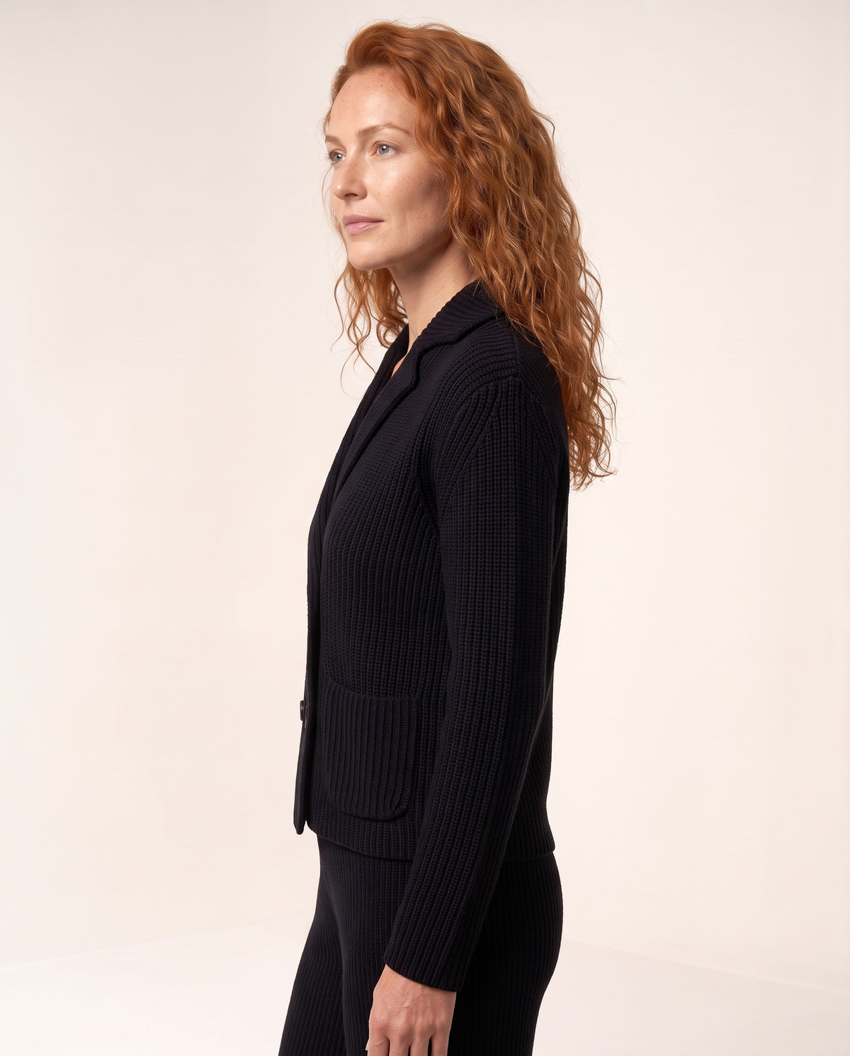 Rib Notch Collar Cardigan in Black, side view — Kinross 90% wool / 10% cashmere at Island Cashmere