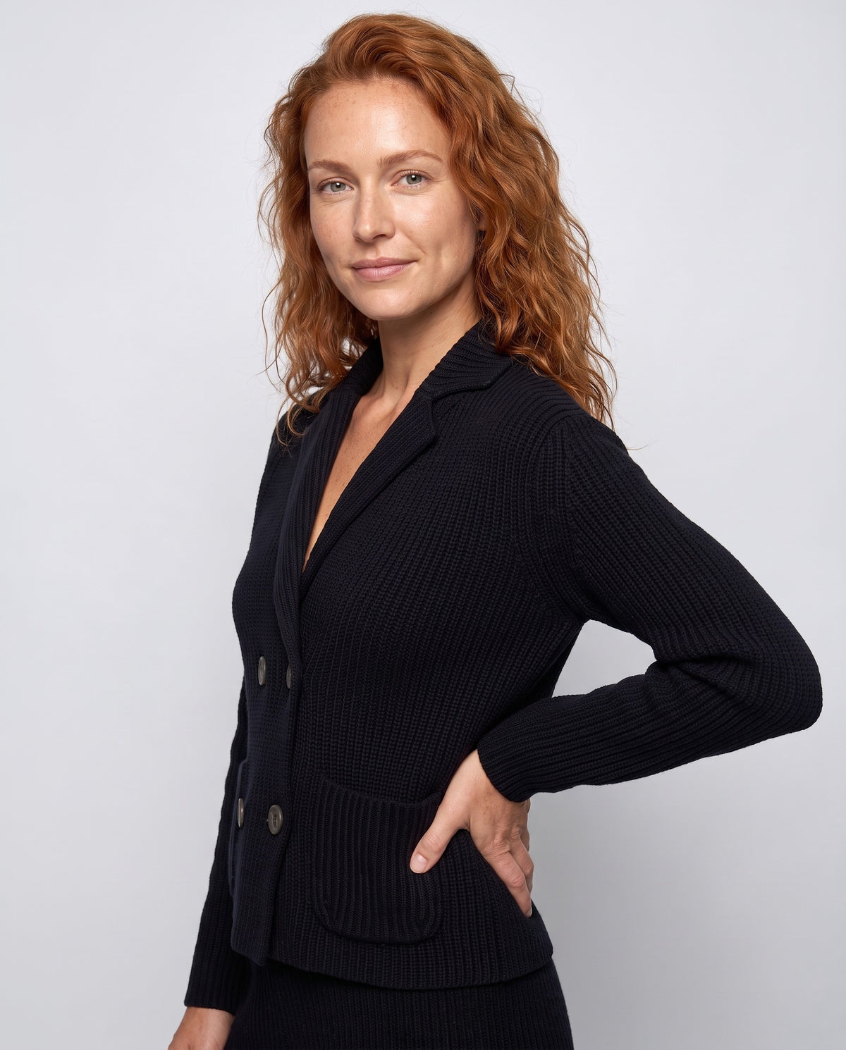 Rib Notch Collar Cardigan in Black, three-quarter view — Kinross 90% wool / 10% cashmere at Island Cashmere