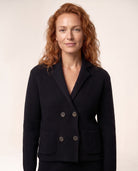 Rib Notch Collar Cardigan in Black, close-up of the collar and front detail — Kinross 90% wool / 10% cashmere at Island Cashmere