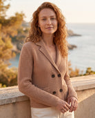 Rib Notch Collar Cardigan in Scotch, worn outdoors — Kinross 90% wool / 10% cashmere at Island Cashmere