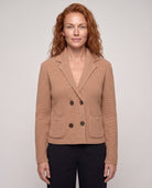 Rib Notch Collar Cardigan in Scotch, close-up of the collar and front detail — Kinross 90% wool / 10% cashmere at Island Cashmere