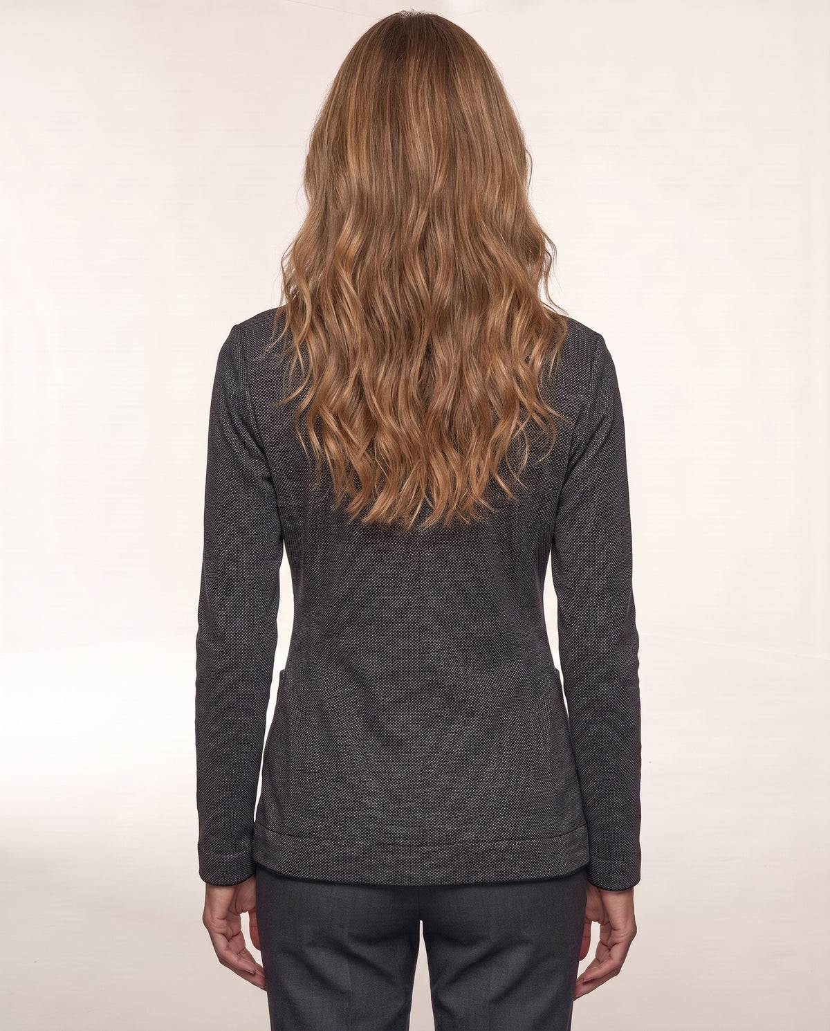 Tweed Notch Collar Cardigan in Black, back view — Kinross 90% wool / 10% cashmere at Island Cashmere
