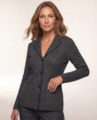 Tweed Notch Collar Cardigan in Black, front view — Kinross 90% wool / 10% cashmere at Island Cashmere