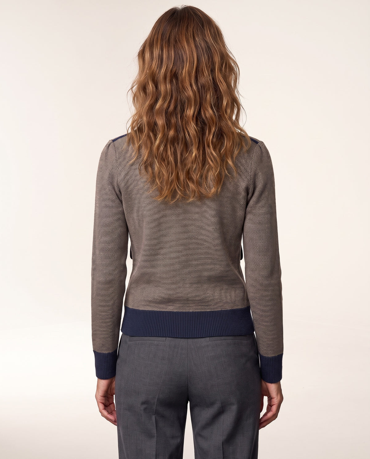Tweed Zip Mock Cardigan in Navy, back view — Kinross wool cashmere zip cardigan at Island Cashmere