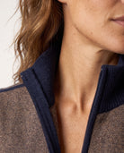 Tweed Zip Mock Cardigan in Navy, tweed knit and contrast trim detail — Kinross wool cashmere zip cardigan at Island Cashmere