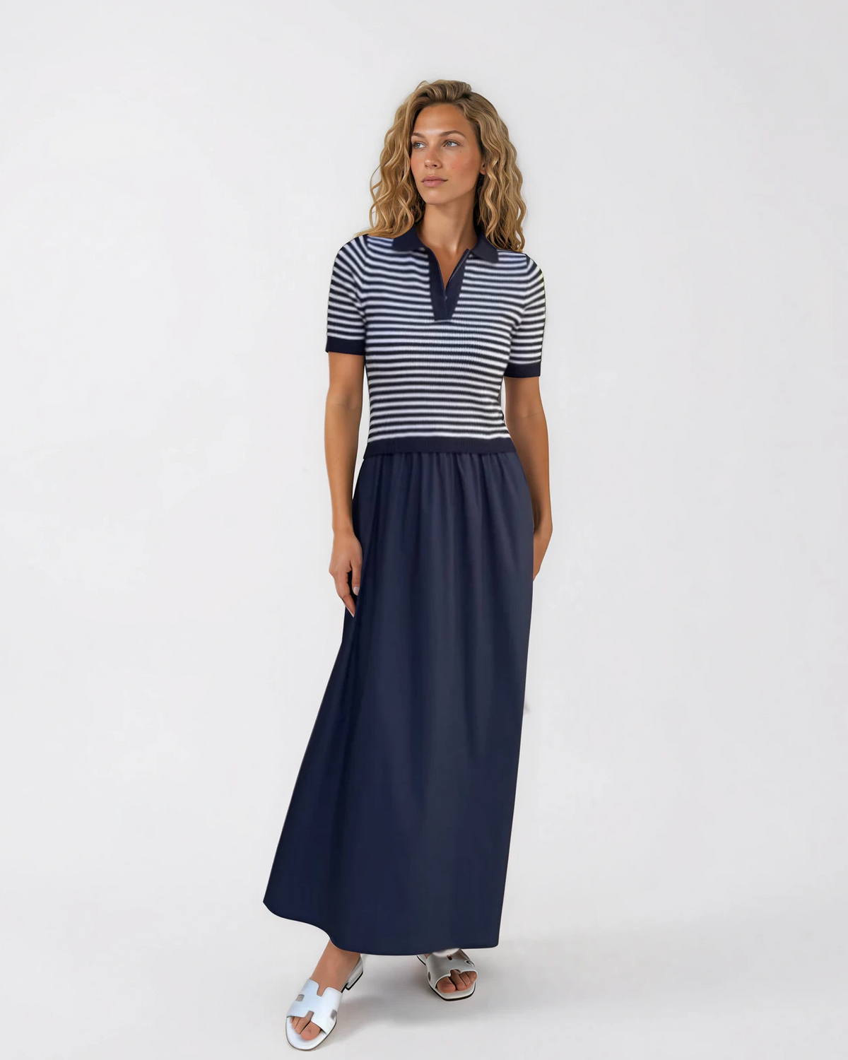 knit polo maxi dress length-Midi
